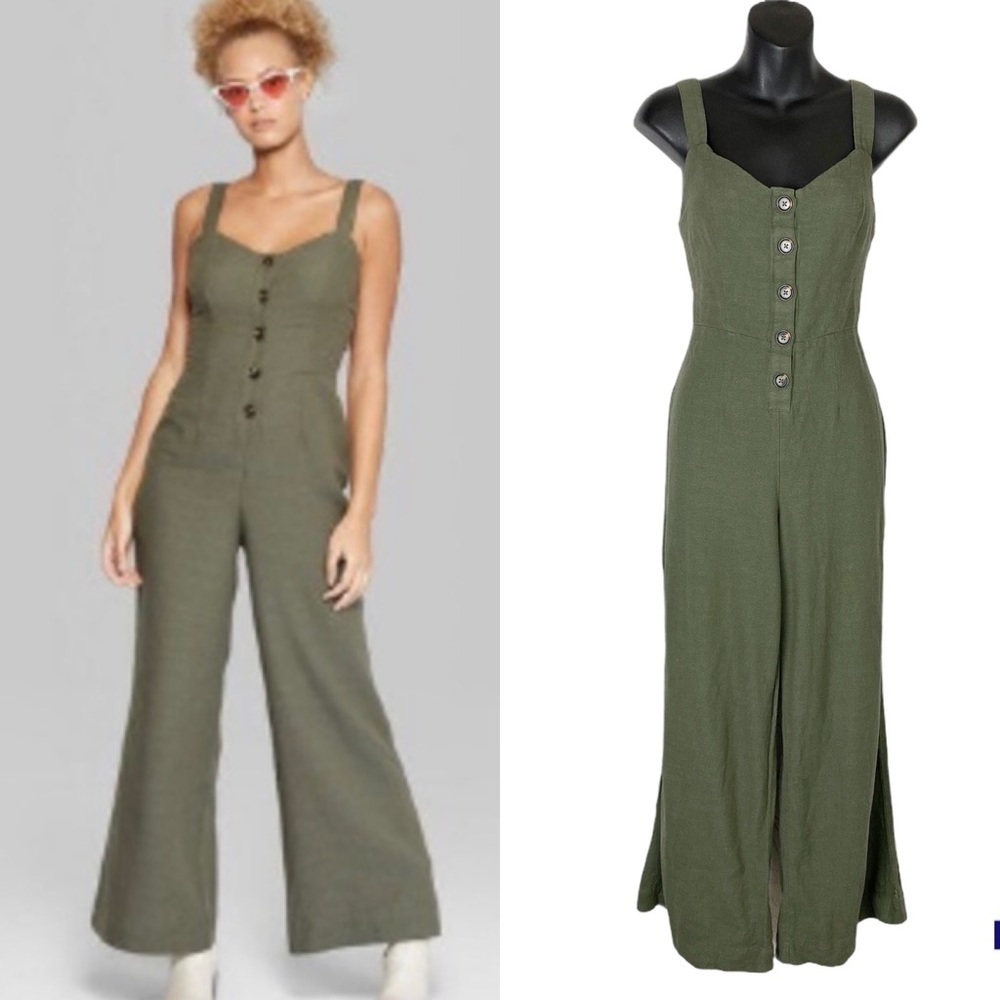 WILD FABLE Muted Army Green Apron Button-Front Wide Leg Jumpsuit Size XS
